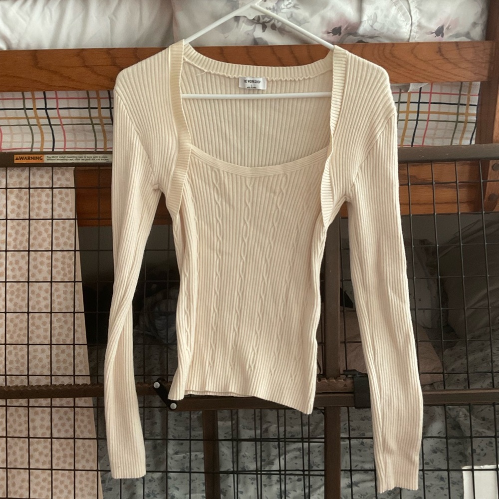Women's Cream Ribbed Long-Sleeve Square-Neck Top